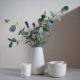 white earternware vase, tea-bowl and tea-strainer by sue pryke for home of juniper with eucalyptus