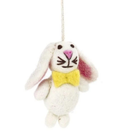 Fair trade white felt bunny in a yellow bow tie - hanging decoration