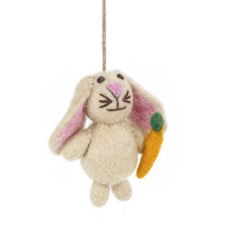 fair trade grey bunny decoration with a carrot